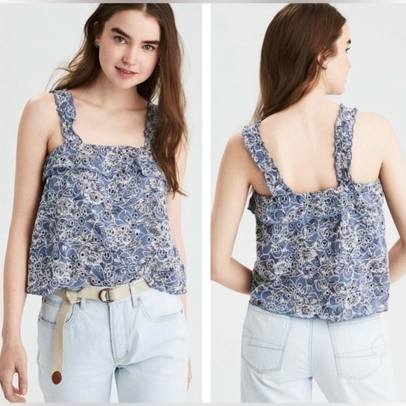 American Eagle Outfitters Tops - American Eagle Cotton/Viscose Embroidered Eyelet Ruffle Crop Top Size XS